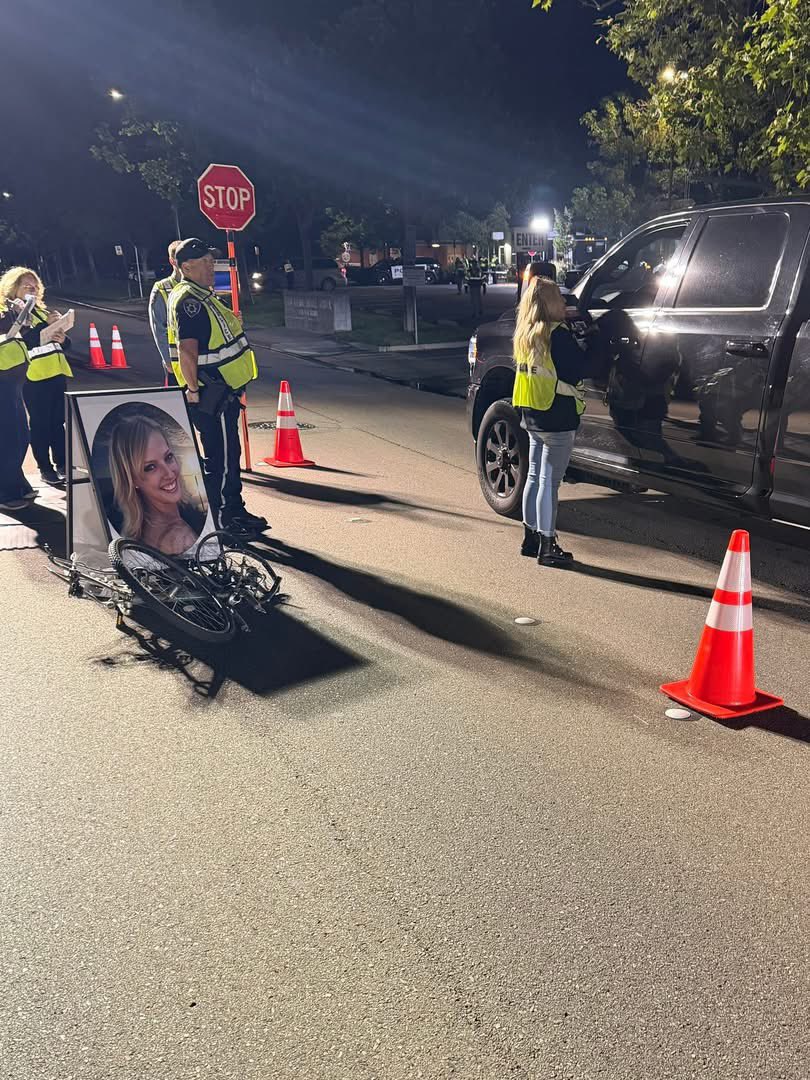 Kristina's photo and bike displayed at the Livermore DUI checkpoint